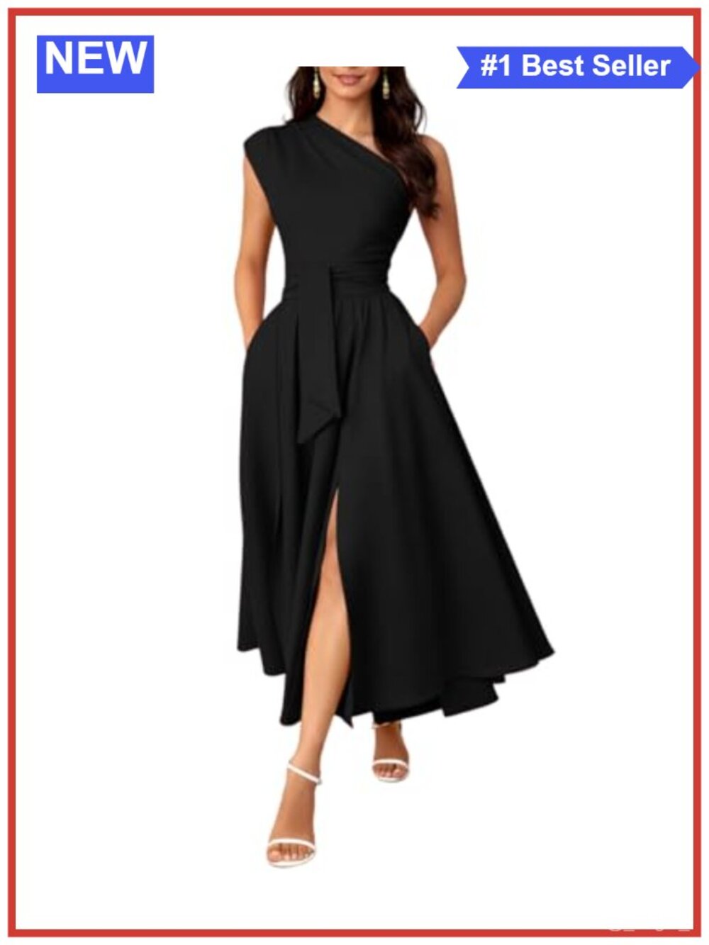 One Shoulder A-Line Maxi Dress with Tie Belt Side Slit Formal Evening Gown